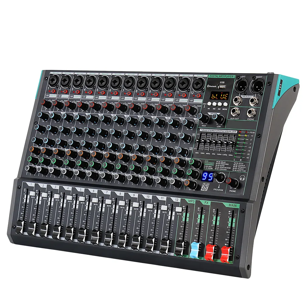 Biner PA12 mélangeur audio professionnel Console de mixage de carte son intégré 99 effet de réverbération mélangeur audio usb 12 canaux