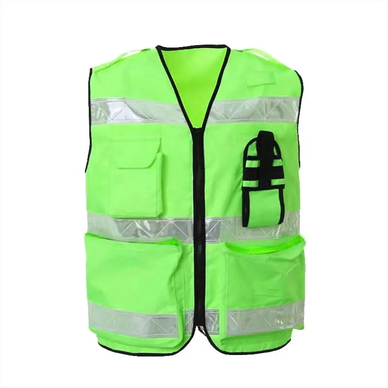 CE classe 2 poliestere verde tasche multiple chiusura con cerniera gilet di sicurezza riflettente ad alta visibilità per avviso di traffico