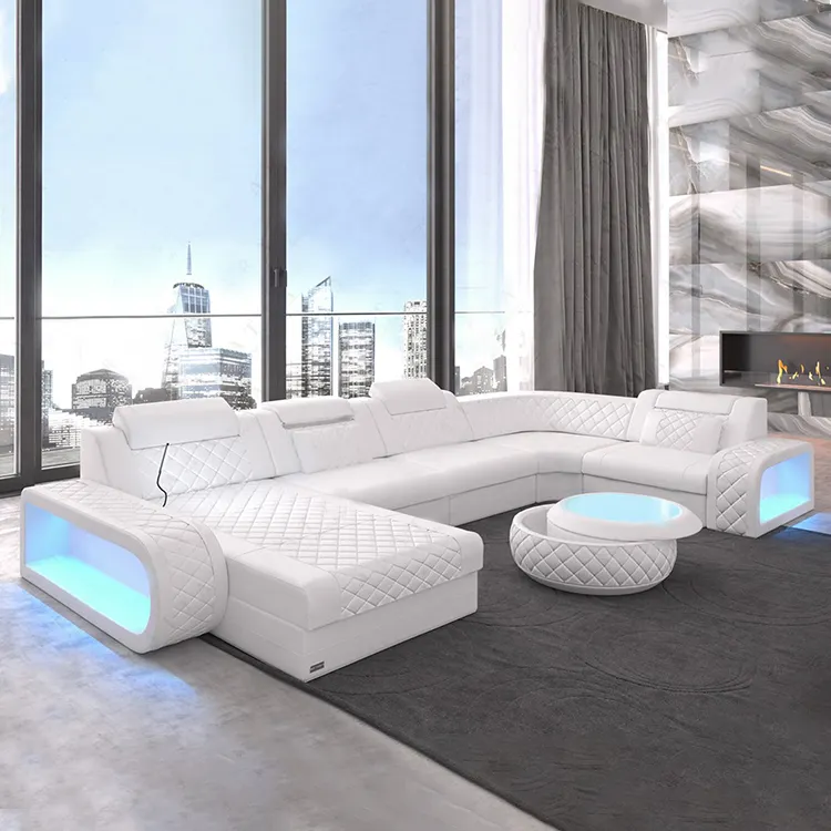 Italiaanse Stijl Modern Design Lederen Meubels U Vorm Sectionele Sofa Met Led Licht Voor Woonkamer Sofa Set