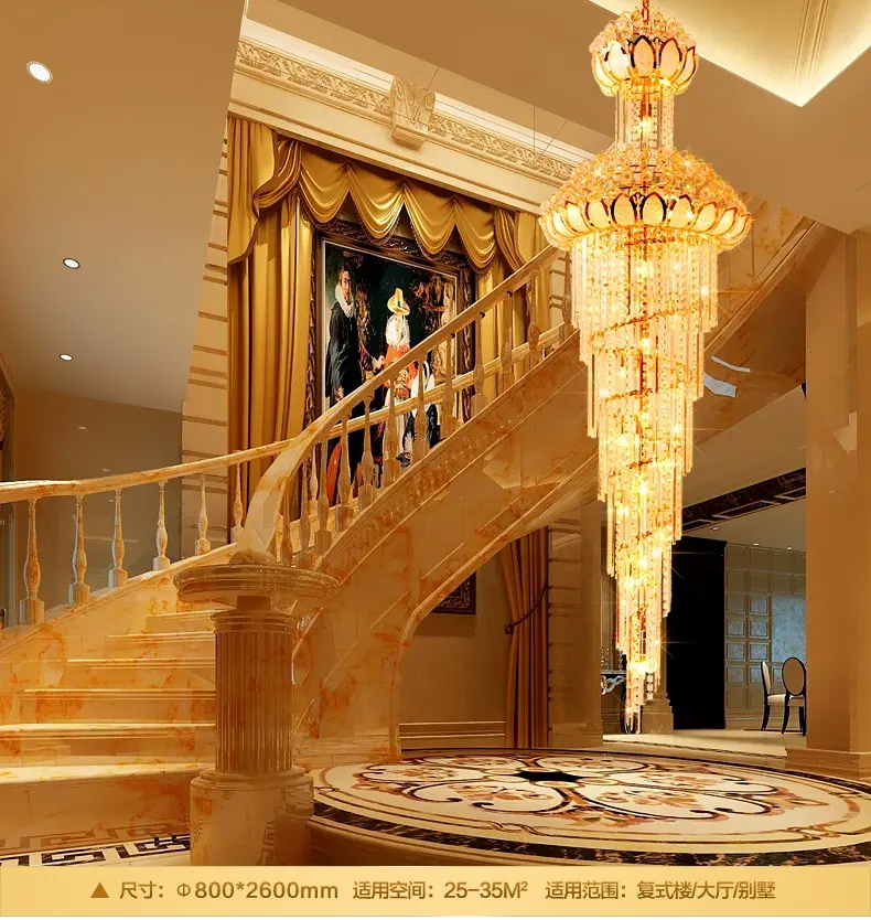 Europea dúplex edificio giratorio de alta escalera gran hotel de lujo habitación moderno candelabro de cristal led