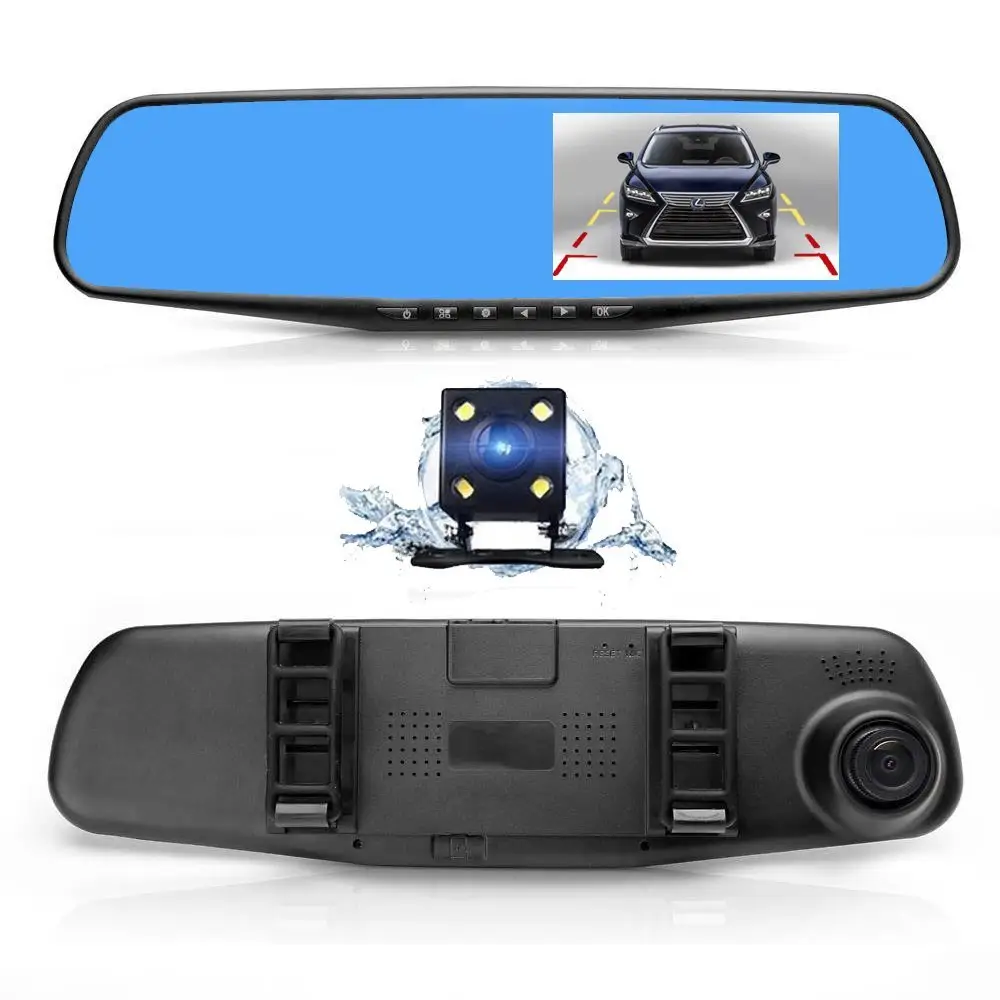 Cámara de salpicadero DVR de doble lente para coche, videocámara Full HD 1080P, grabador de vídeo, espejo retrovisor con visión trasera