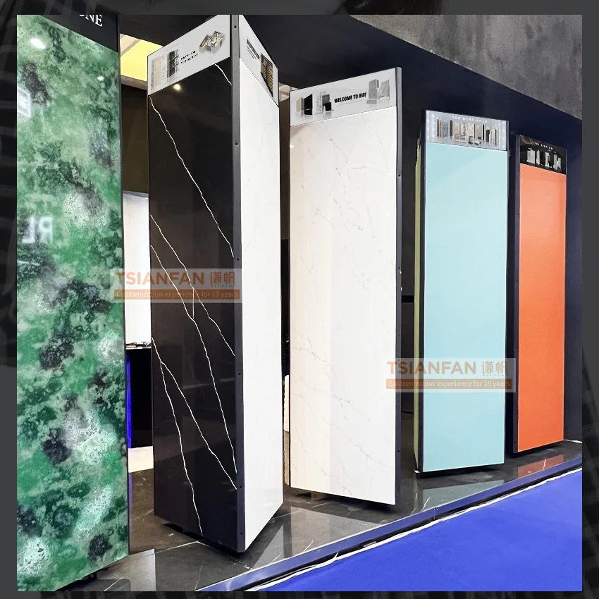 factory produced rotating floor display cases color mosaic marble metal tile quartz showroom sample rack