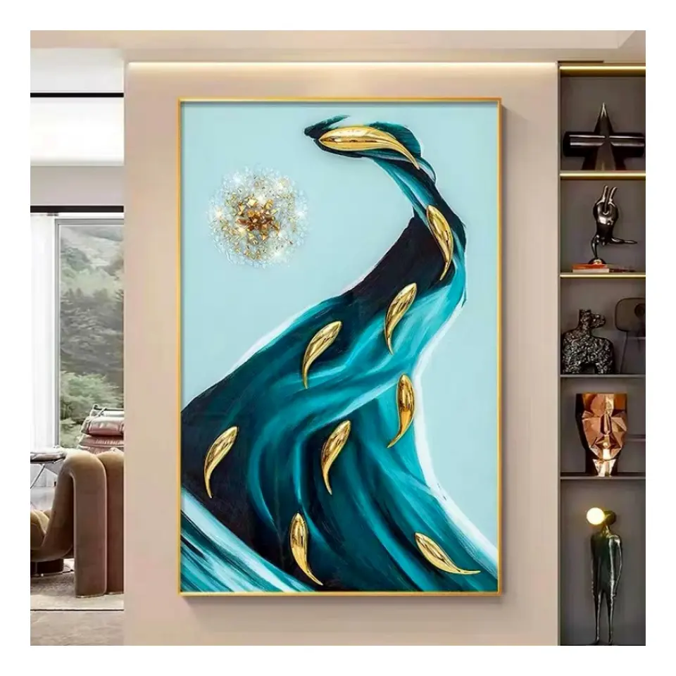 Pintura al óleo abstracta de pez dorado en relieve 3D pintada a mano de lujo moderna enmarcada decoración del hogar arte de pared para sala de estar