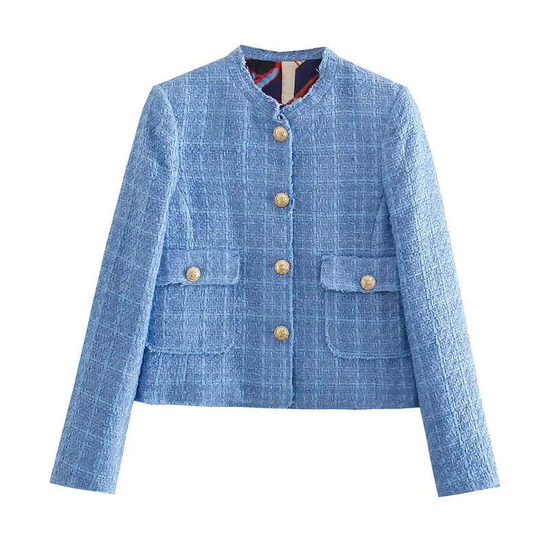 PB & ZA 2023 женская одежда оптом Новый Модный классический стиль с подкладкой текстурное короткое пальто синий Модный Топ 8270397
