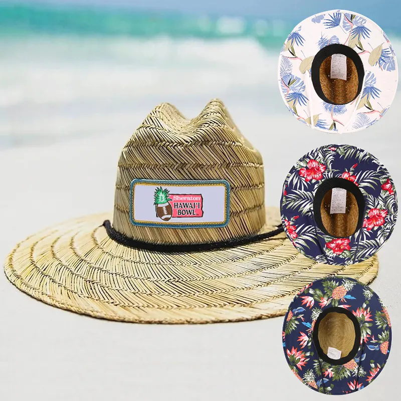 Venta al por mayor impresión personalizada bajo ala verano salvavidas sombrero de paja sombrero de playa Surf salvavidas sombrero de paja con logotipo