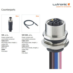 M12 Power Panel Mount Connectors:4/5 Poles Female, L-coded IP67, for Front Mounting, Thread with Nut and Stranded Wires 0.2m - Product Image 5