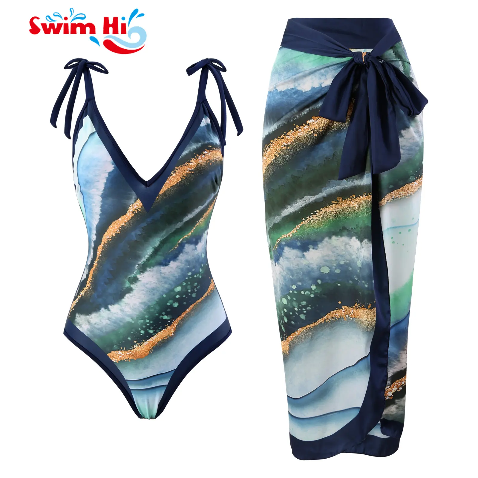 Atacado Bulk Europe One Piece Bikini Swimwear Xl tamanho Bikini Set 2 peças Sarong Print Swimsuits Para As Mulheres 2023