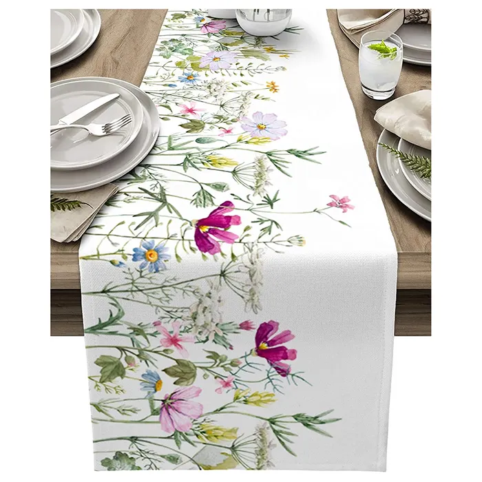 2023 Hot Custom Size Sublimation Digital bedruckte Baumwolle Leinen Muster Tisch läufer mit Spitze für die Dekoration Home Tischdecke