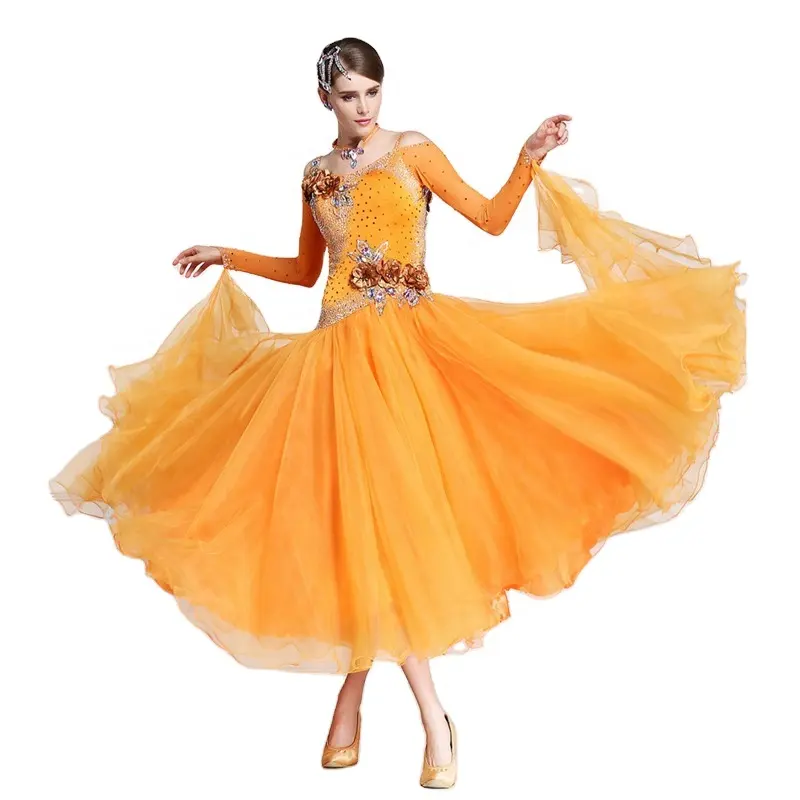 Nuevo estilo de cuello redondo naranja salón de baile de manga larga naranja de baile, vestidos para chicas B-14764