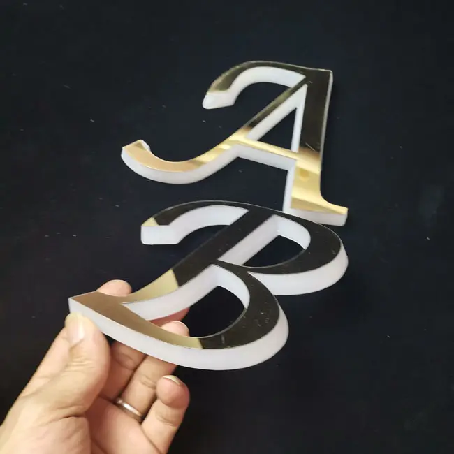 Corte a laser de ouro claro rosto metal letras do alfabeto 3d letras de acrílico plástico