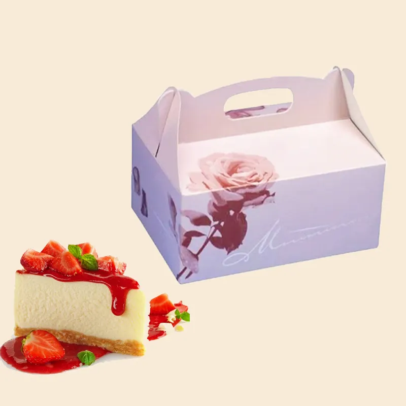 Caixa de embalagem de bolo de mousse com alça, embalagem personalizada mini branca de papelão de cheesecake com alça
