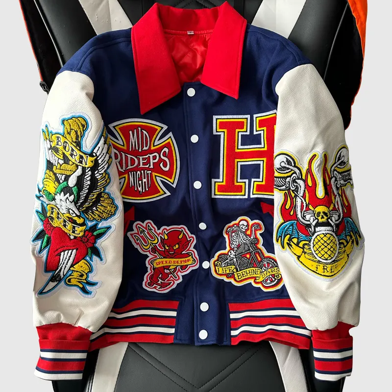 YUJIA giacca Varsity da uomo in vera pelle con logo e toppe ed etichette con logo ricamate