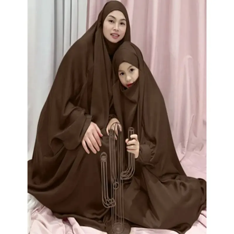 Ramadan Bộ 2 Món Đồ Hồi Giáo Trang Phục Cầu Nguyện Cho Mẹ Trẻ Em Đầm Hijab Váy Abaya Có Mũ Trùm Đầu Cho Nữ Niqab Hồi Giáo Dubai Eid