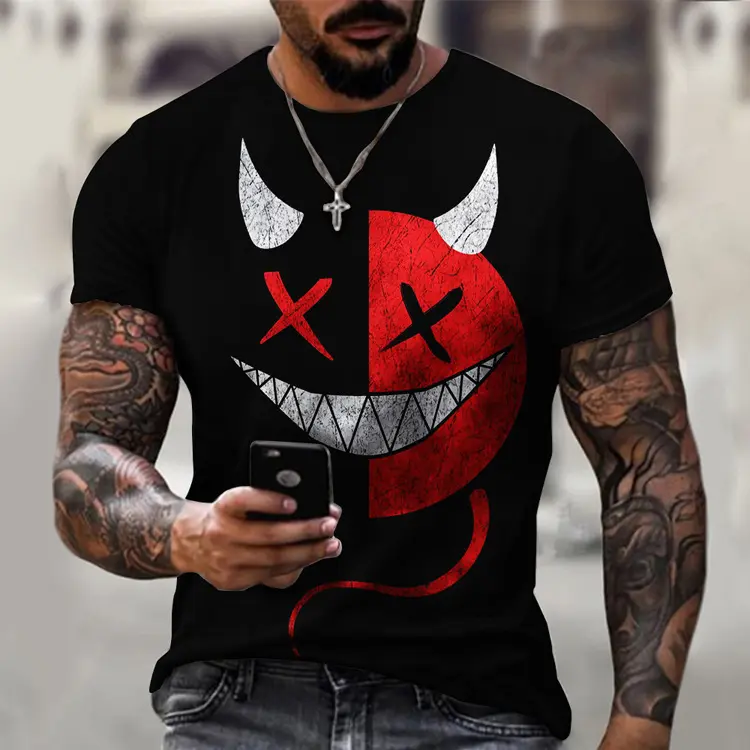 Camiseta de moda urbana de alta calidad, camiseta de gángster en negro y rojo, camiseta smiley, venta al por mayor