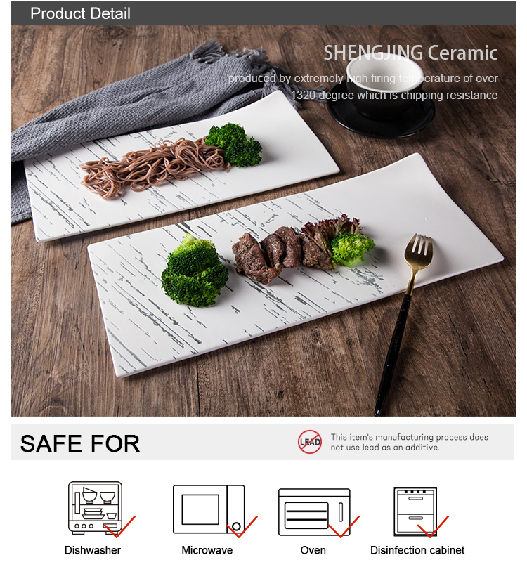 Durable Hotel Porcelain Flat Food Tray Modern Ceramic Marble Design Plate