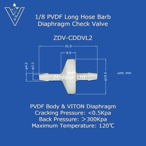 Zdvseal 3/16 <span class=keywords><strong>1</strong></span>/8 <span class=keywords><strong>1</strong></span>/4 Kinh <span class=keywords><strong>T</strong></span>ế cơ hoành van pvdf Ozone Mini kiểm tra van 0.5 kPa Á<span class=keywords><strong>p</strong></span> lực làm việc Mini Van - Product Image 2