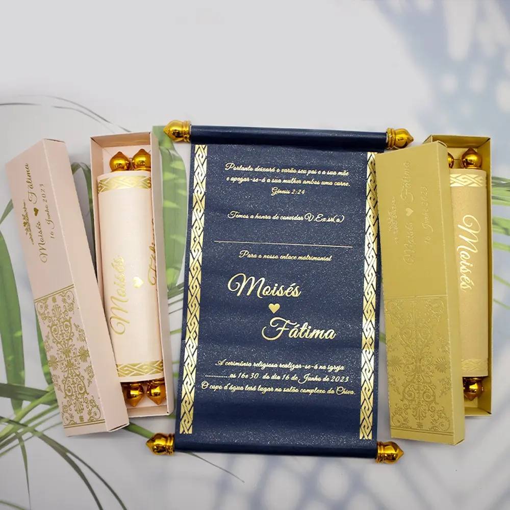 Tarjeta de invitación de desplazamiento de papel bronceado con impresión personalizada tarjetas de felicitación para decoración del banquete de boda