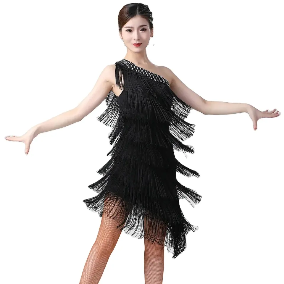 One Shoulder Tiered Fringe Dress Women 1920s Flapper Dress Charleston Party Costumes Sexy Latin Salsa Rumba Dance Dress