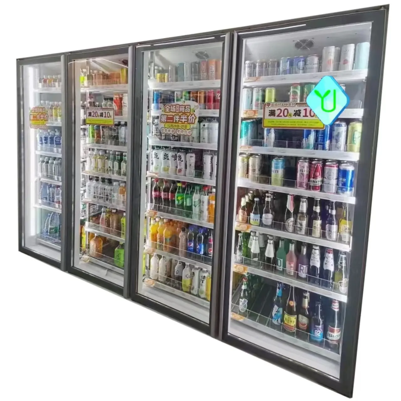 Refrigerador Vertical para supermercado, refrigerador de exhibición con puertas de vidrio, congelador, puerta de vidrio para caminar