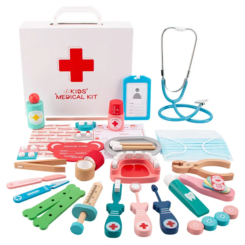 Nuevo diseño, 35 Uds., juego de simulación de dentista de madera, juego de caja médica de juguete, juego de herramientas, juegos de rol, Juguetes para niños y niñas