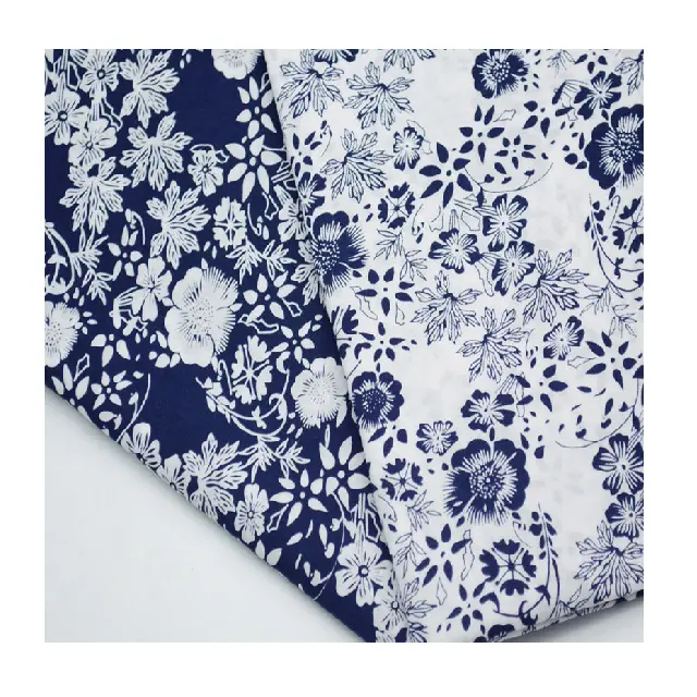 Azul e branco personalizado impresso floral 100% puro algodão tecido sarja tecido tecido