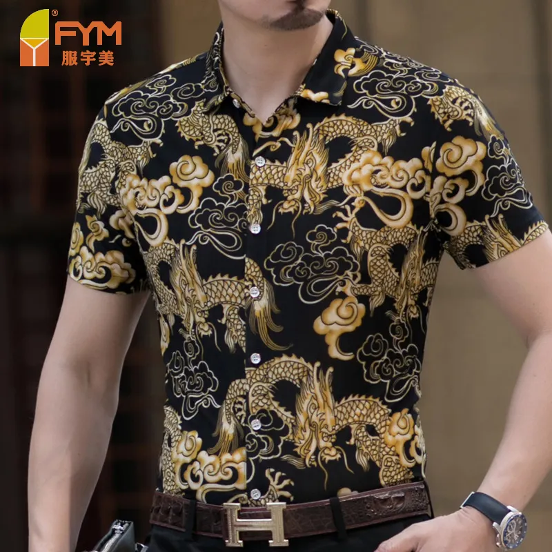 Camisa luxuosa bordada masculina, camisa de manga curta estampa floral ouro dragon jacquard clássica para homens