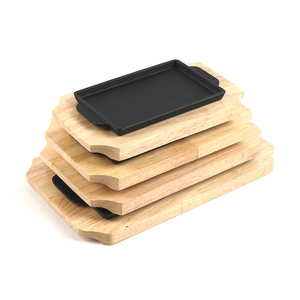 Cast Iron Steak and <strong>Fajita</strong> Serving Plate with Wooden Base Sizzle Griddle BBQ Grill Cast Iron Cooking Large Rectangular Pans