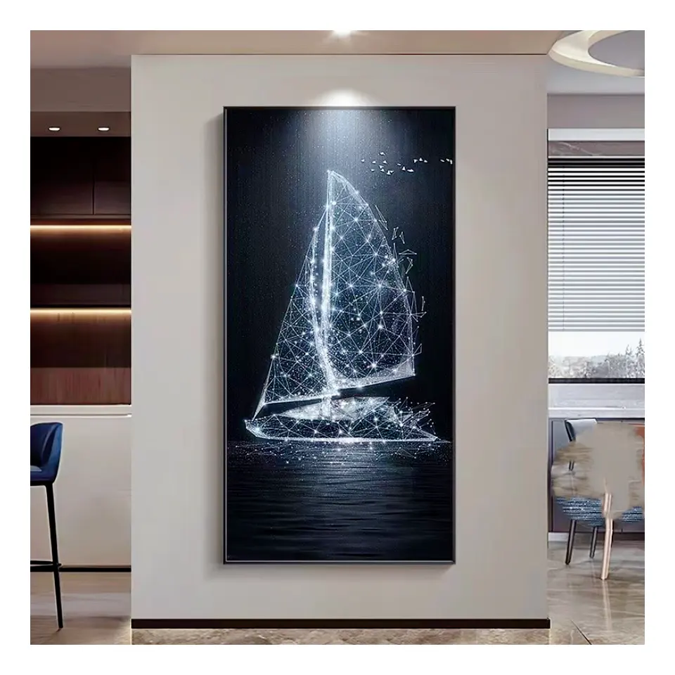Luxury Modern Abstract Sail Boat Painting Landscape led light Painting Crystal Porcelain pittura astratta Art Wall Home Decor