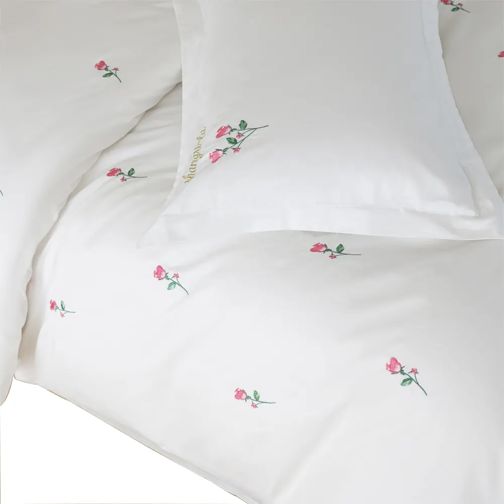 Cobertura de cama de hotel, conjunto de cama de luxo com bordado personalizado rosa 100% algodão branco, conjunto de cama de hotel