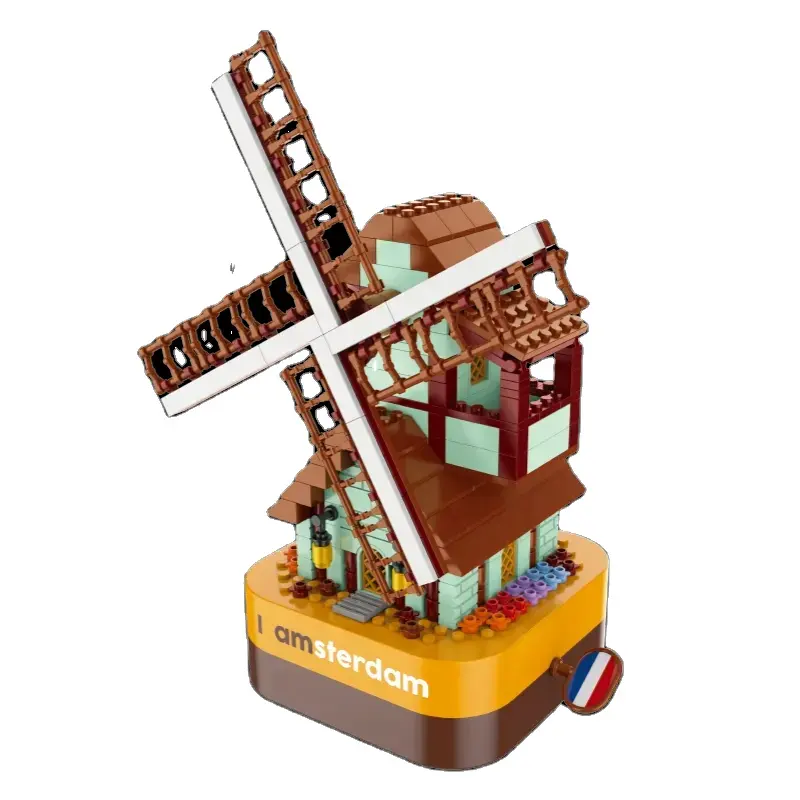 JK 1203 Europeu moinho de vento blocos girando música caixa blocos para meninos e meninas montagem aniversário brinquedos 425pcs