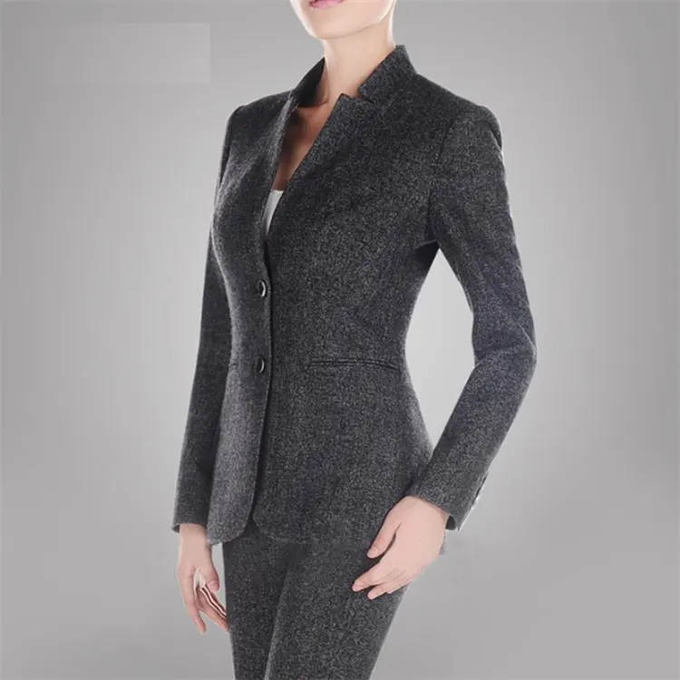 Custom Gery Fashion Blazer Of Ladies Two Button Mandarin Collar Suit Blazer And Pants Set Winter Suit Office Uniform For Women