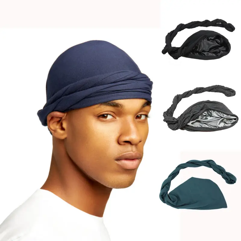 Doppio strato modale uomo Durag elasticizzato Halo t-shirt turbante indiano musulmani cappelli turbante satinato fodera cofano