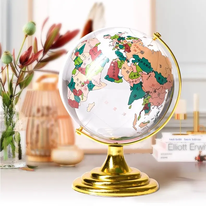 Stampa personalizzata mappa del mondo globo rotante in cristallo di vetro con Base in metallo della mappa del mondo per la decorazione della scrivania del tavolo dell'ufficio domestico