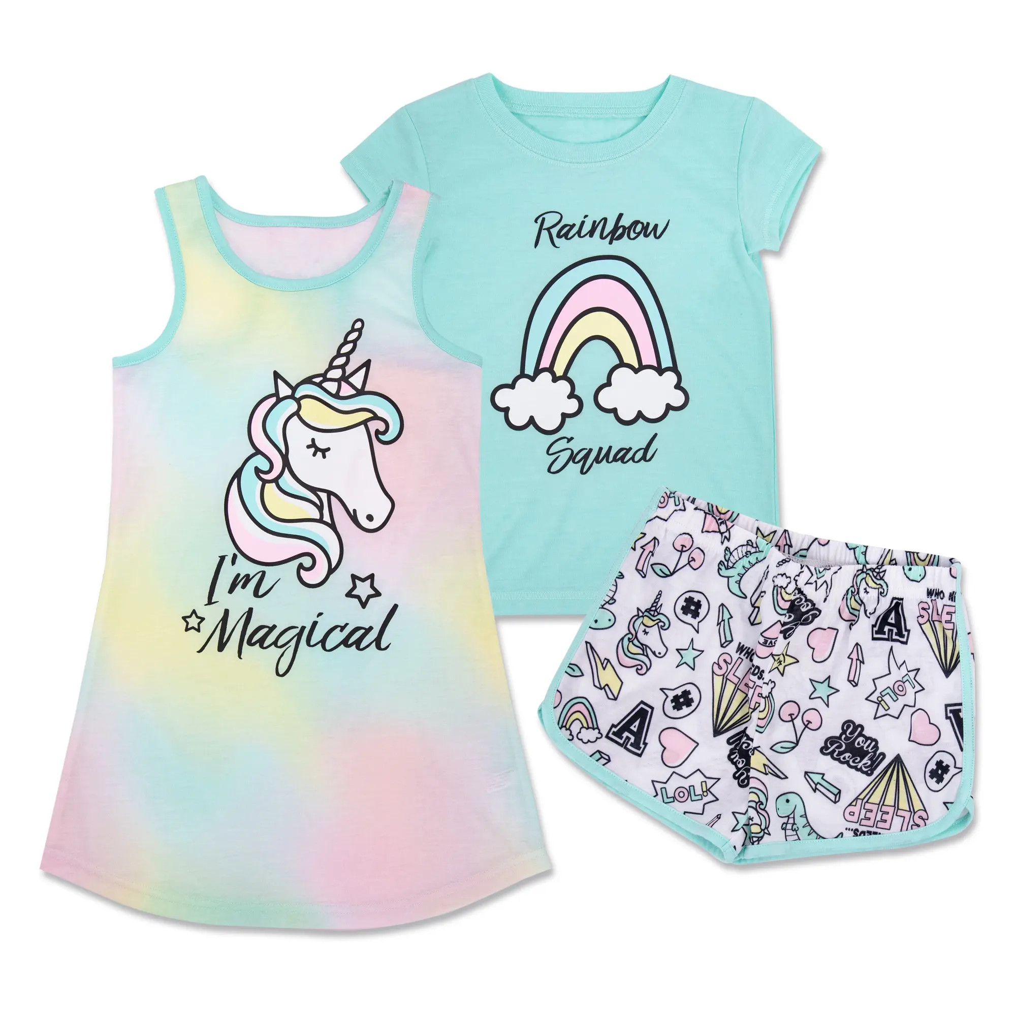 3 Piece Rainbow Shirts All Over Print Shorts Tank Tops Unicorn Summer Baby Girls Pajamas