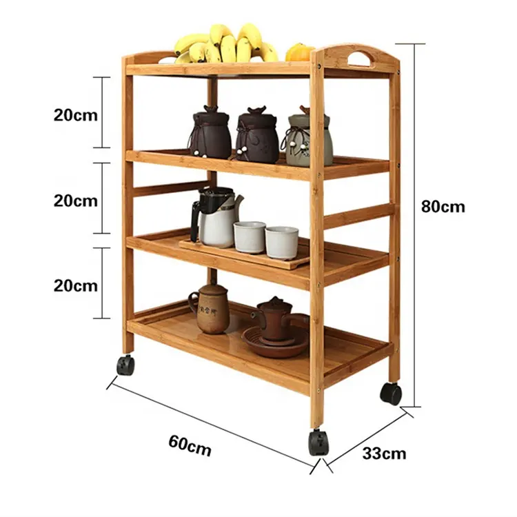 Removable Tray Storage Cart Bamboo Movable Kitchen Dinning Cart With Lockable Casters Wheels Bamboo Kitchen Trolley