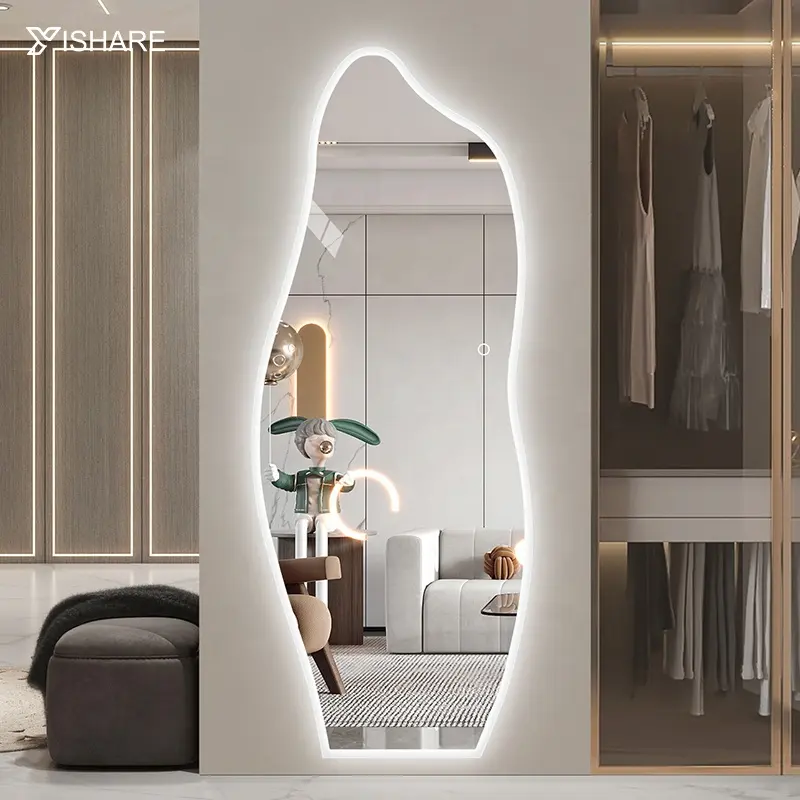 กระจกแต่งตัวทรงศิลปะ LED สำหรับห้องนอนโต๊ะเครื่องแป้งแบบคลื่นติดผนังเต็มตัวมีความยาวเต็มรูปแบบ