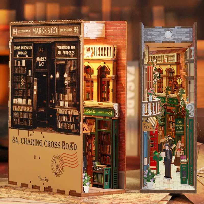 Tonecheer 84 Charing Cross Road Book Nook Kit personnalisé bricolage Puzzles en bois 3D serre-livres avec capteur de corps lumière LED