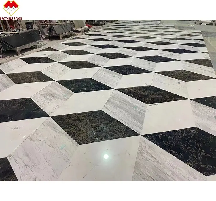 Personalizado cubo mágico forma mármore preto e branco mosaico thile hotel projeto irregular mármore waterjet piso tapete design