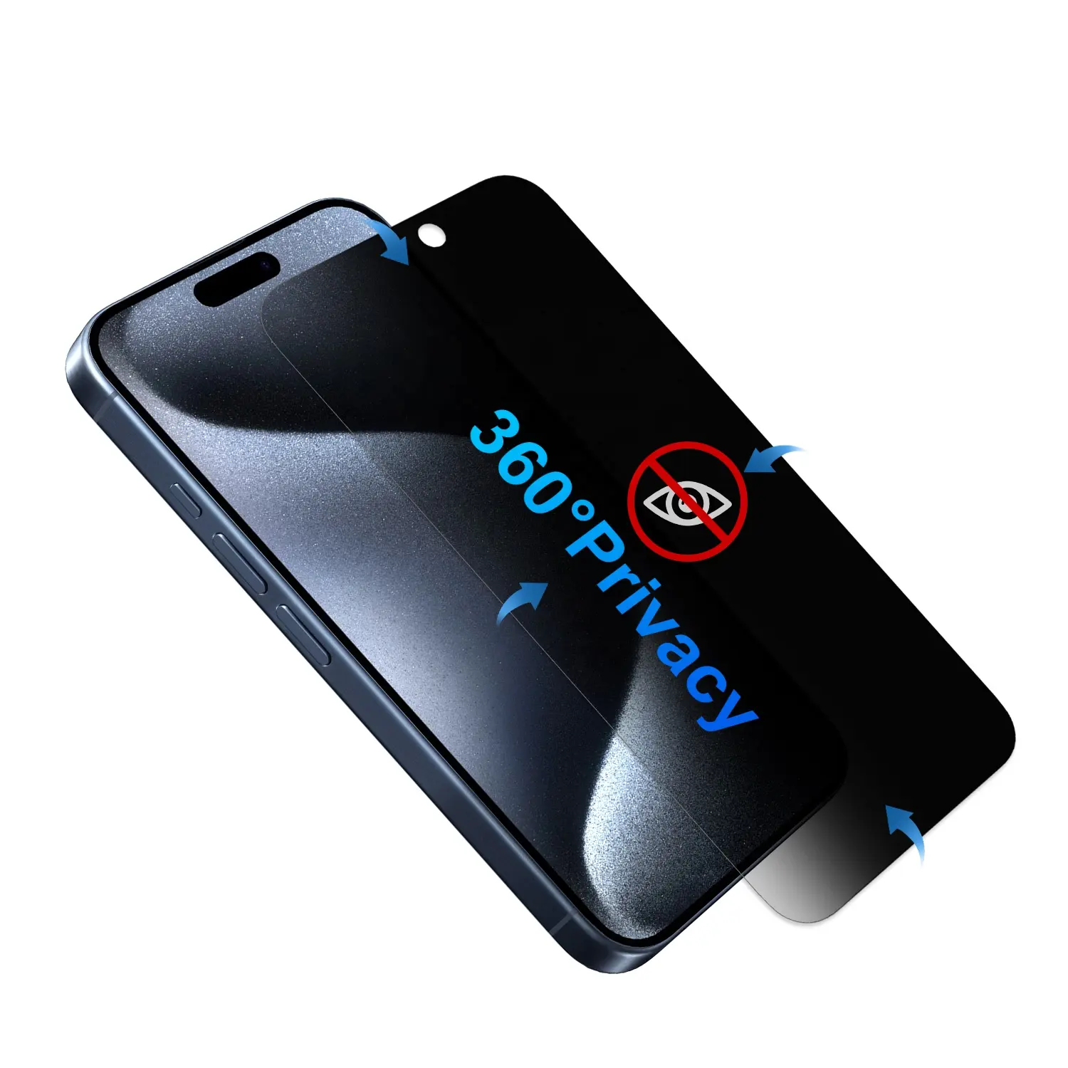 Vidro temperado anti-espião em 360 graus de toque suave super anti-choque para o iPhone 15 Pro Max