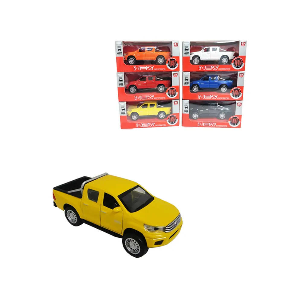Tire hacia atrás camioneta juguetes Color amarillo 1/43 Metal Toyotaed Hiluxed modelo con licencia coche juguetes camión para niños