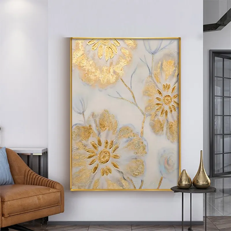 Atacado Paisagem Blooming Gold Foil Flor Pintura A Óleo Sobre Tela Grande Pintura Acrílica Floral Pinturas Modernas