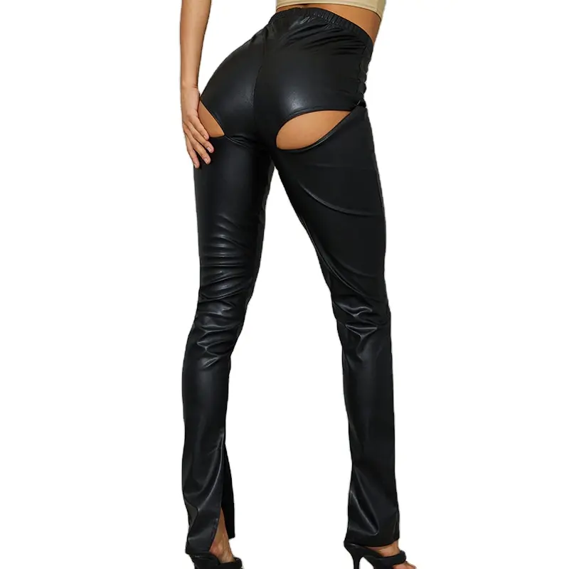 2022 Solid High Waist Hollow Out PU Leather Legging Women's Pants & Trousers