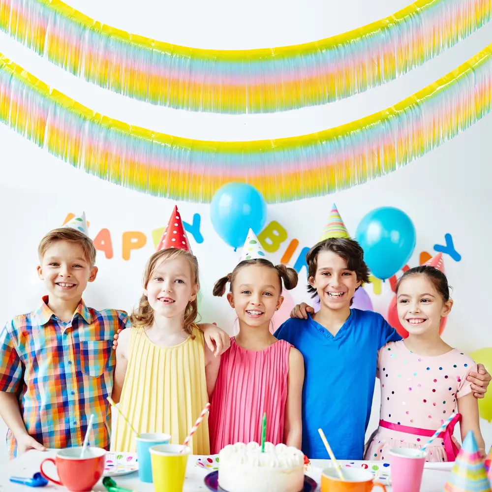DAMAI spanduk pinggiran sambungan warna-warni baru pesta ulang tahun anak Laser pelangi dekorasi pinggiran tirai latar belakang tarik bunga