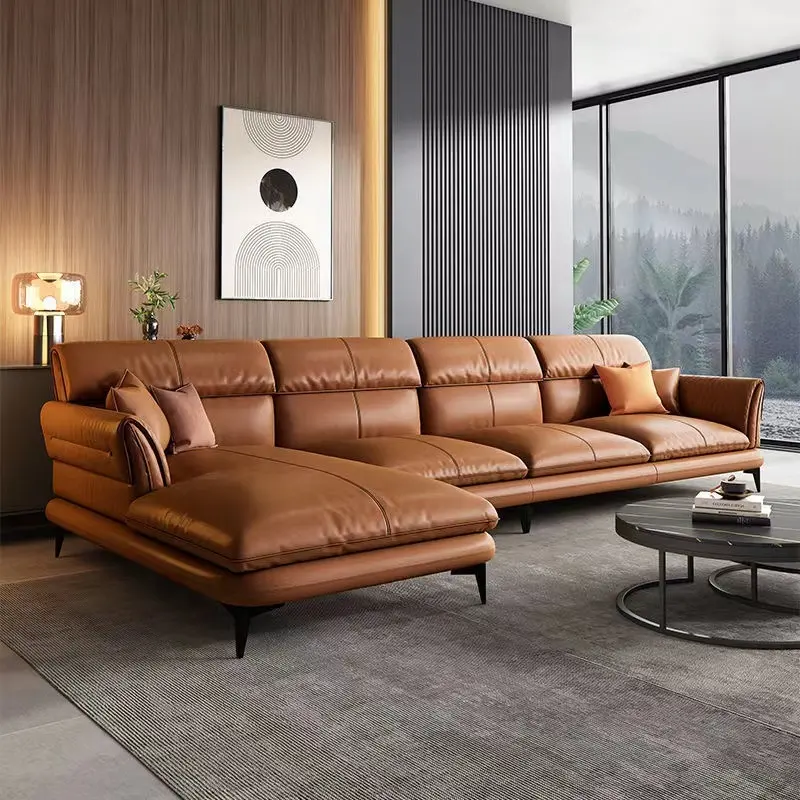 Juego de sofás de lujo italianos, muebles de cuero genuino, combinación de látex en forma de L, sofás de sala de estar