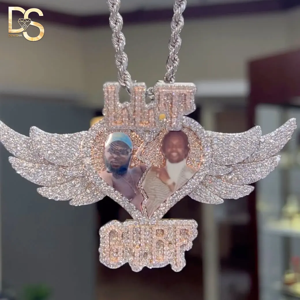 Joyería de Hip Hop imagen personalizada moissanite ZIRCON 925 Plata chapado en oro alas de Ángel colgante de corazón con foto