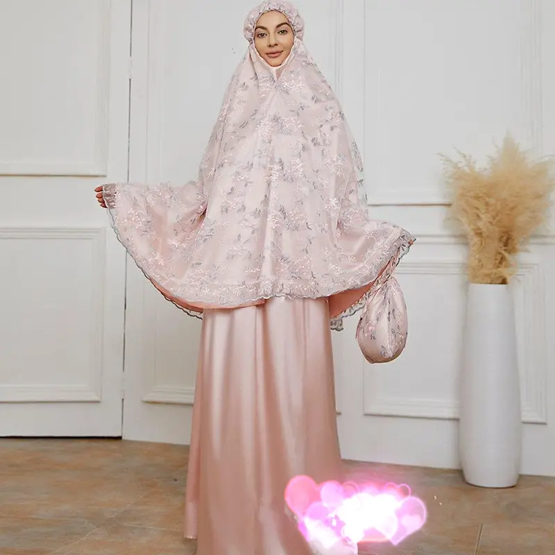 Telekung תחרה רקמת 2 חתיכה Jilbab העבאיה המוסלמי מלזיה Tudung Khimar שמלת תפילה מוסלמי מסורתי בגדים ואבזרים