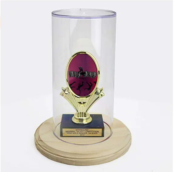 wood base acrylic round display case for awards trophies plexiglass collectibles storage showcase