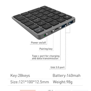 Wireless <strong>Keyboard</strong> Number Pad 28 Keys Aluminum Rechargeable Wireless <strong>Numeric</strong> <strong>Keypad</strong> with USB HUB Port Numpad Financial Accounting - Product Image 2