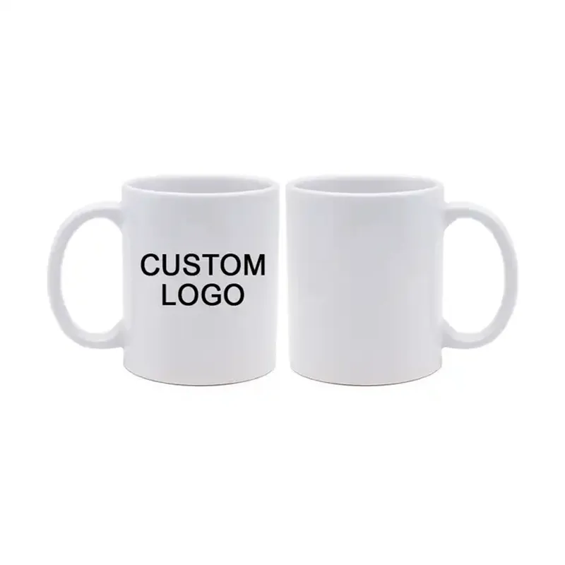 Taza de porcelana blanca de 11oz al por mayor, taza sencilla personalizada con impresión por sublimación y logotipo, taza de café redonda de cerámica