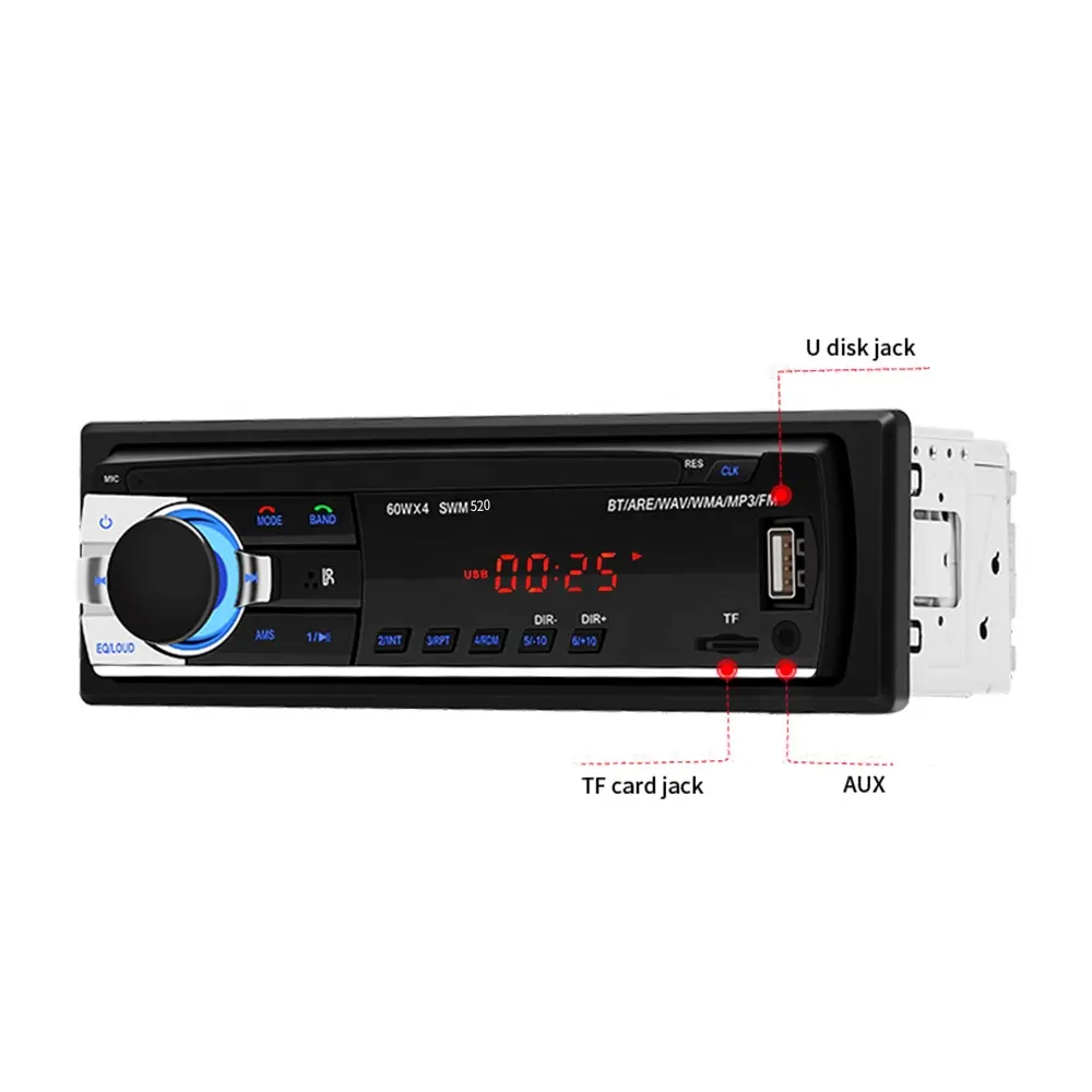 Lecteur MP3 de voiture mains libres avec radio 520, lecteur de cartes mp3/MMC/WMA/USB/TF/AUX/FM 12V/24V en option pour appel BT